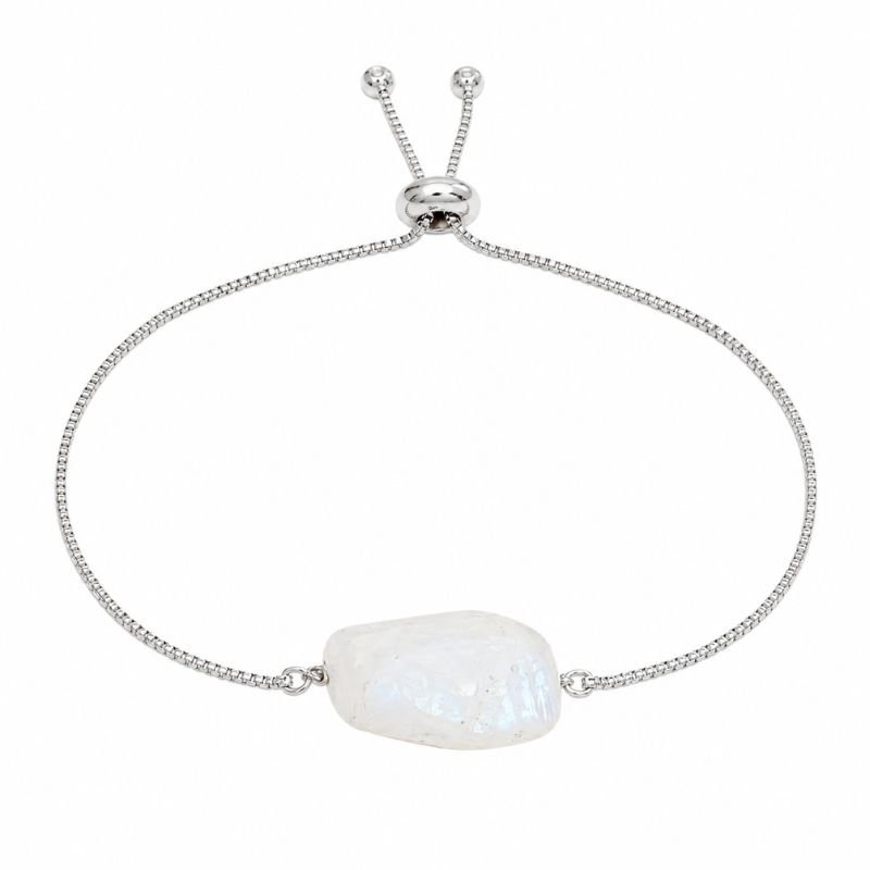 Natural Rainbow Moonstone Adjustable Chain Bracelet featuring a polished rainbow moonstone gemstone centerpiece on a silver-tone adjustable chain for intuition, emotional balance, and new beginnings.