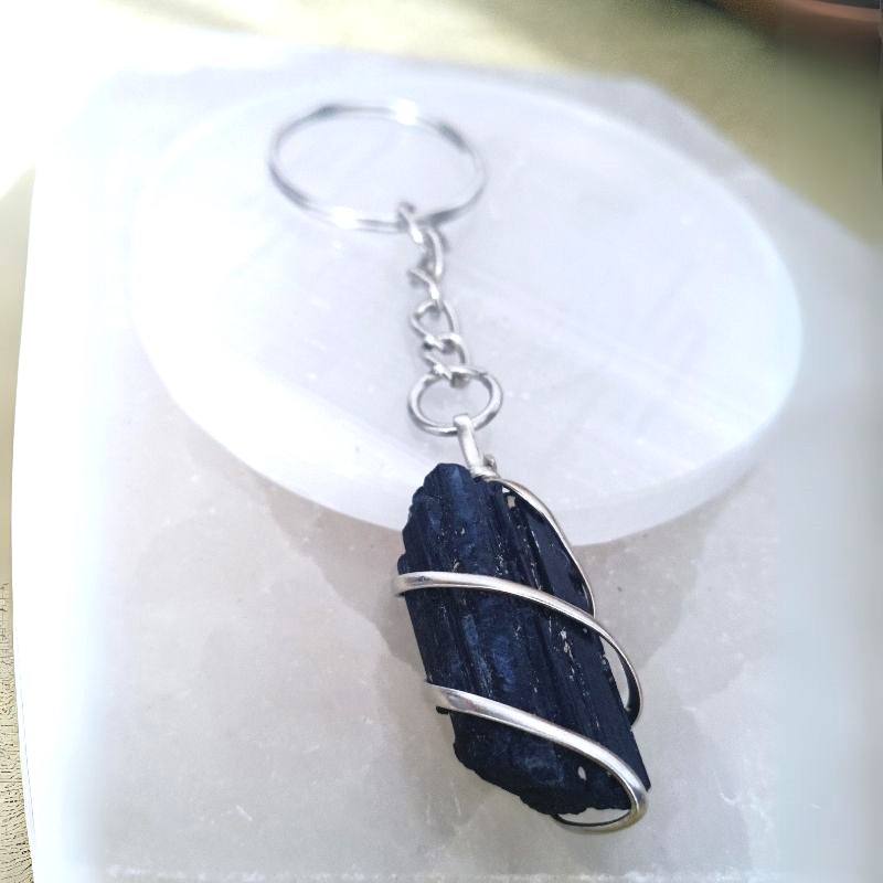 Raw Black Tourmaline Wired Keychain for Grounding, Protection