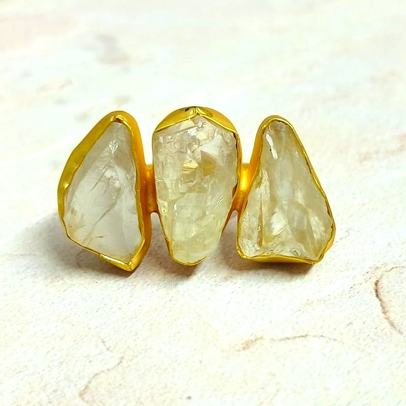 Raw Clear Quartz Golden Metal Adjustable Ring for Healing