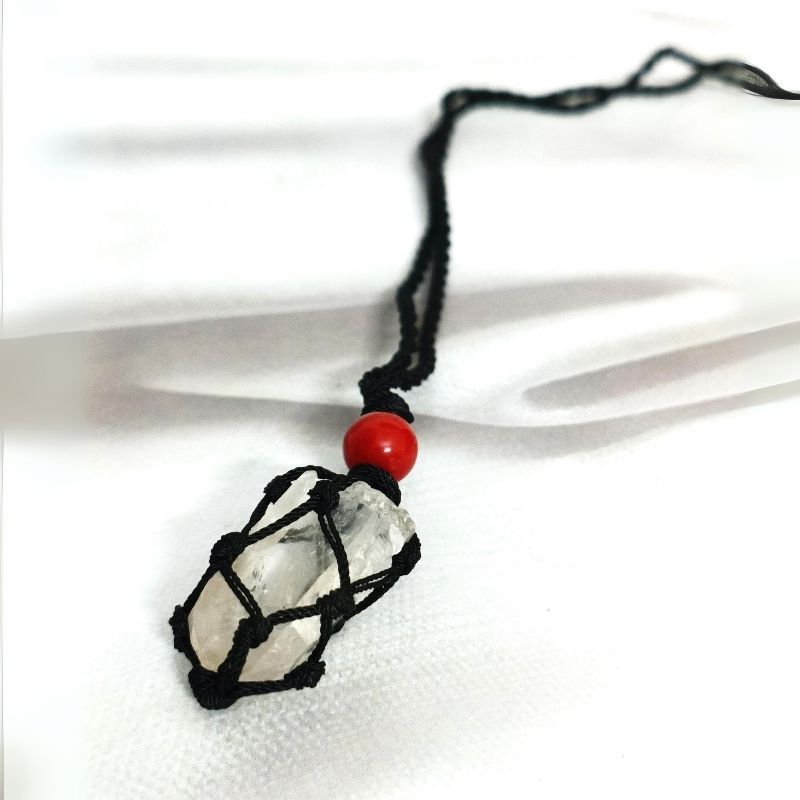 Raw Clear Quartz Pendant in Black Thread Mala for Healing, Manifestation