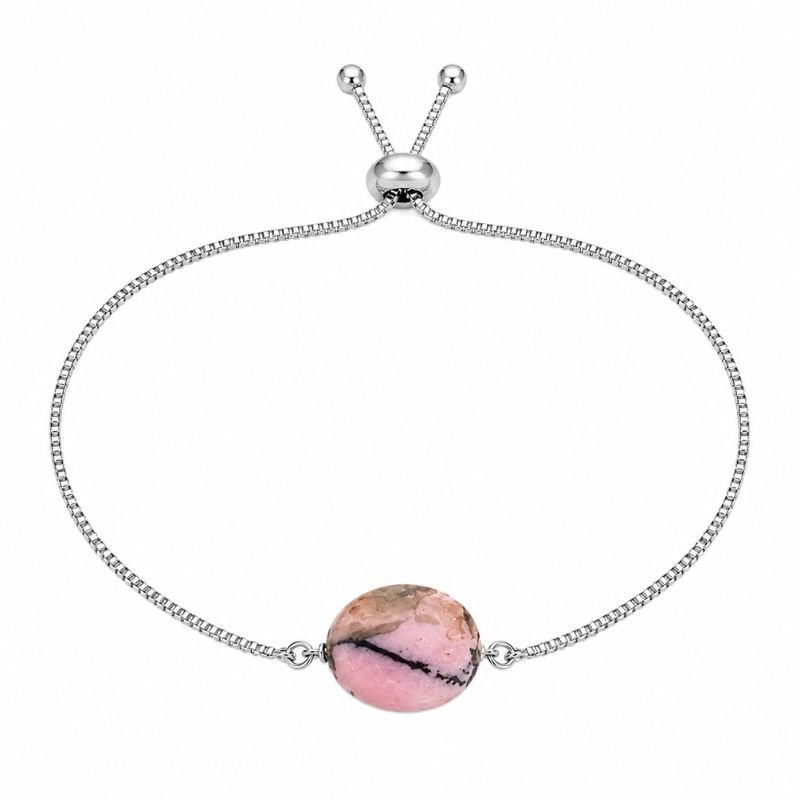 Natural Rhodonite Adjustable Chain Bracelet featuring a polished pink rhodonite gemstone centerpiece on a silver-tone adjustable chain for emotional healing and balance.