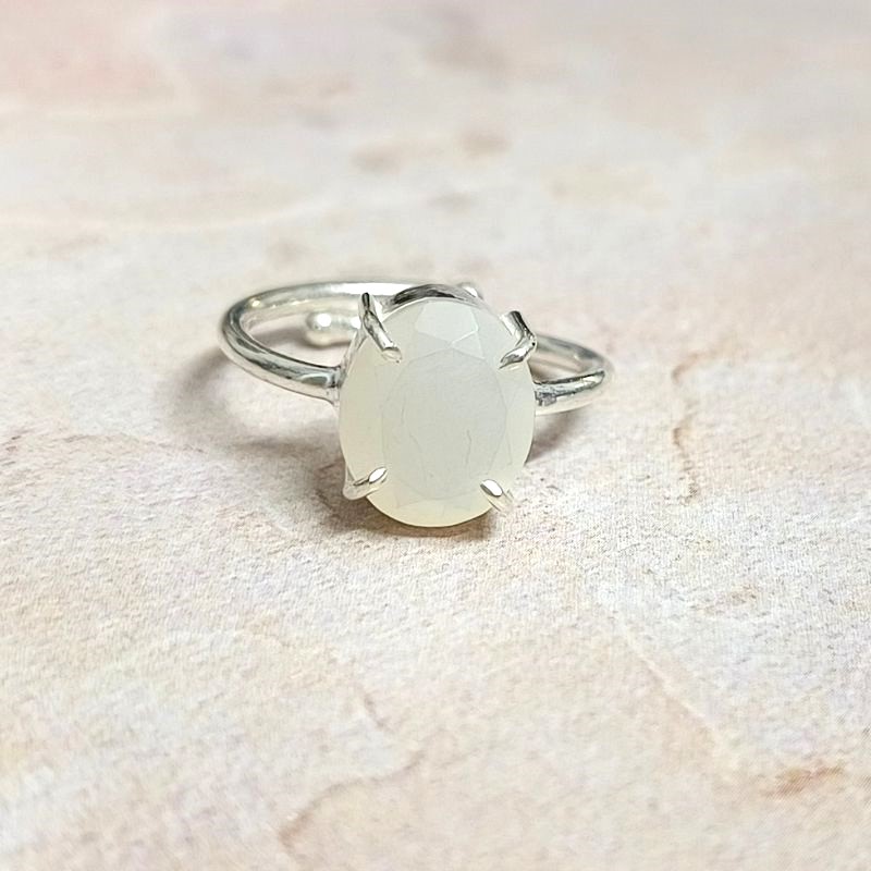 White Moonstone Adjustable German Silver Ring for Balance, Calming