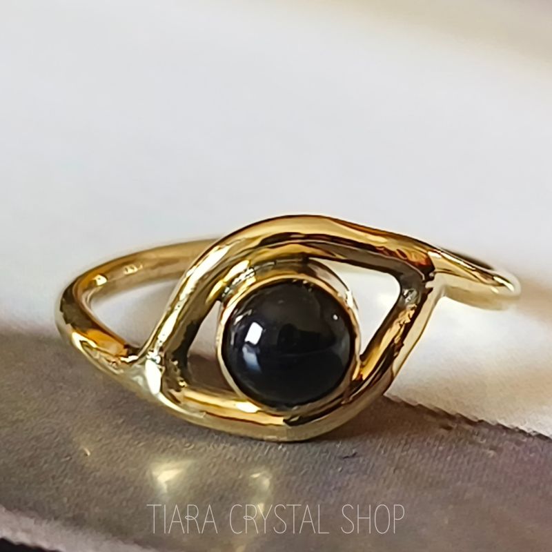 Black Onyx Split Shank Brass Ring