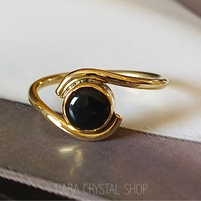 Black Onyx Split Shank Round Solid Brass Ring