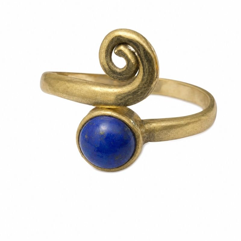 Lapis Lazuli Round Coil Solid Brass Adjustable Ring for Intuition