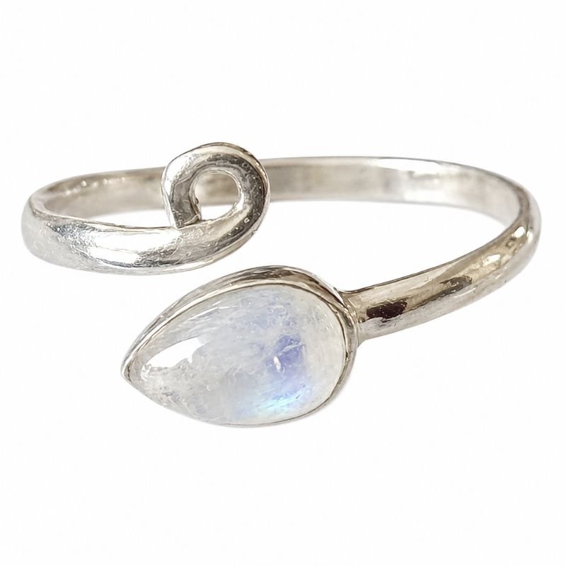 Rainbow Moonstone Adjustable Pear Shape Silver Ring