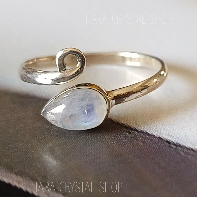 Rainbow Moonstone Adjustable Pear Shape Silver Ring