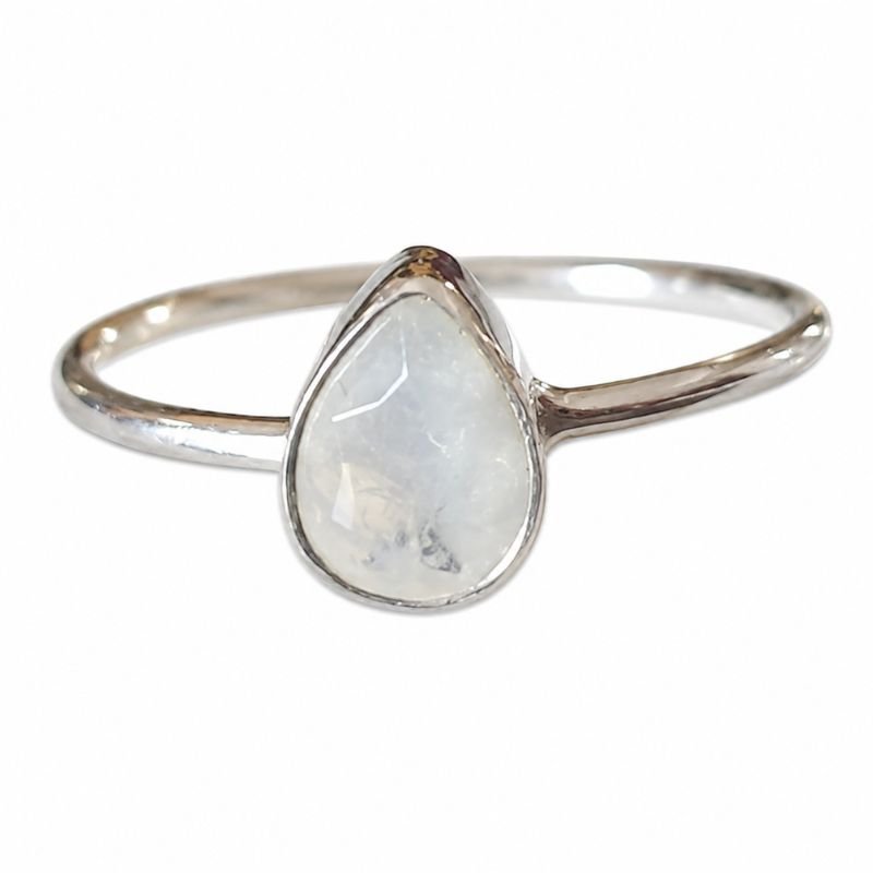 Rainbow Moonstone Pear Shape 925 Sterling Silver Ring for calming and emotional balance