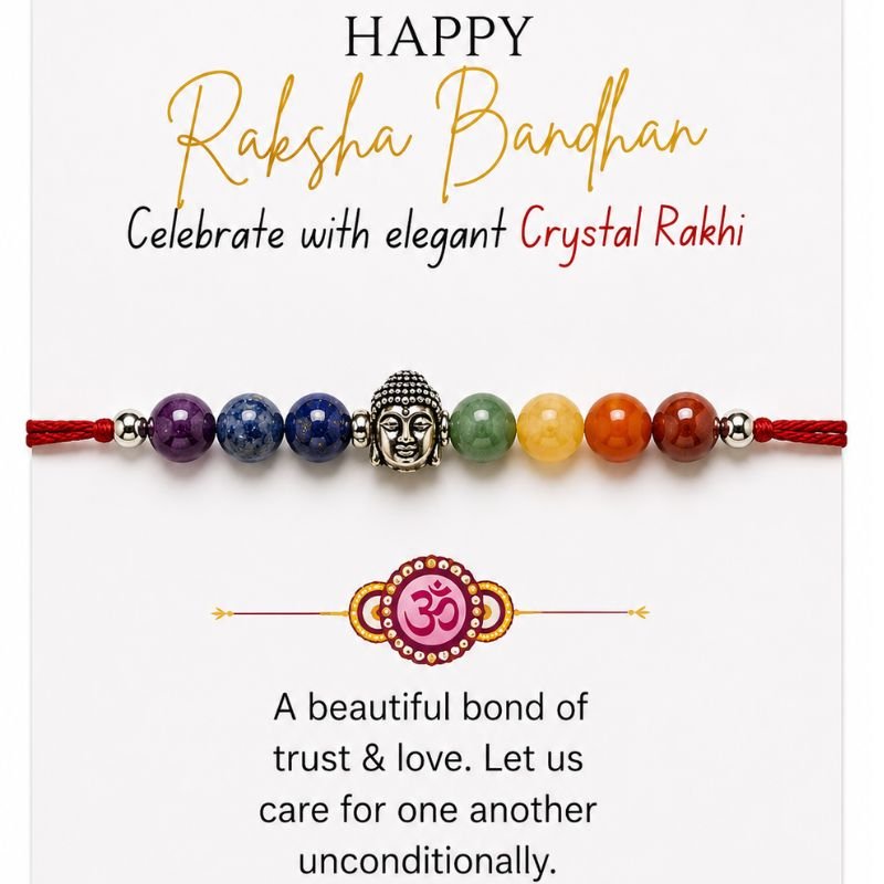 7 Chakra Buddha Rakhi with Amethyst Sodalite Lapis Lazuli Aventurine Calcite Carnelian and Red Jasper Beads