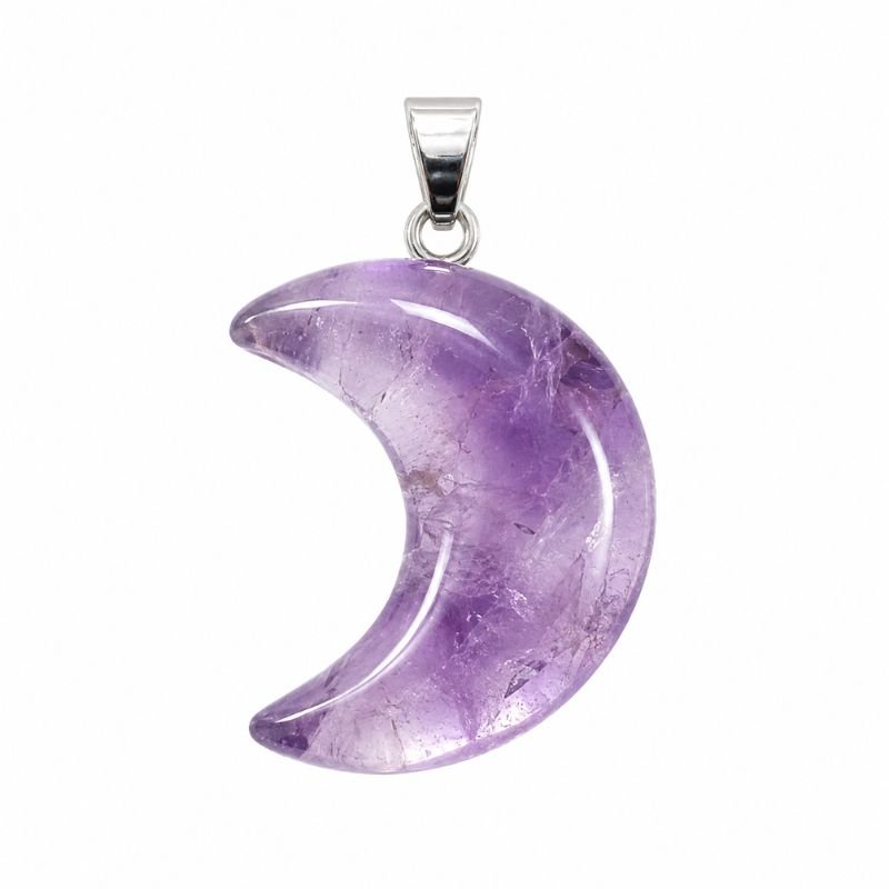 Amethyst Moon Pendant carved from natural Amethyst gemstone for peace, intuition, spiritual growth and protection