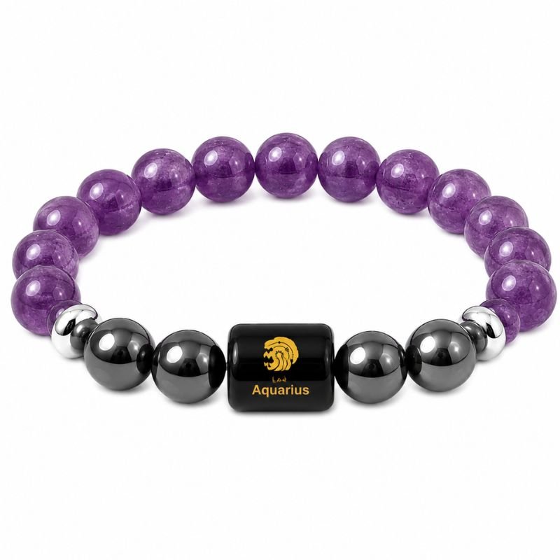 Aquarius Zodiac Bracelet featuring natural Amethyst and Hematite gemstone beads with an Aquarius zodiac charm symbolizing intuition, innovation, mental clarity, grounding, balance, and pe