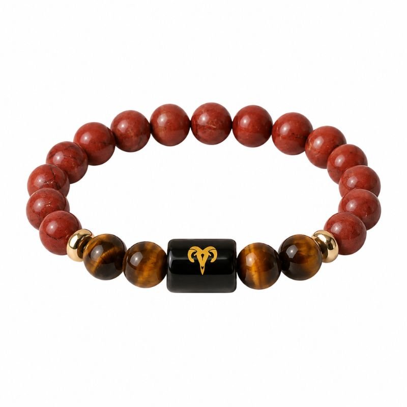 Aries Zodiac Bracelet featuring natural Red Jasper and Tiger Eye gemstone beads with an Aries zodiac charm symbolizing courage, confidence, determination, leadership, and personal success.