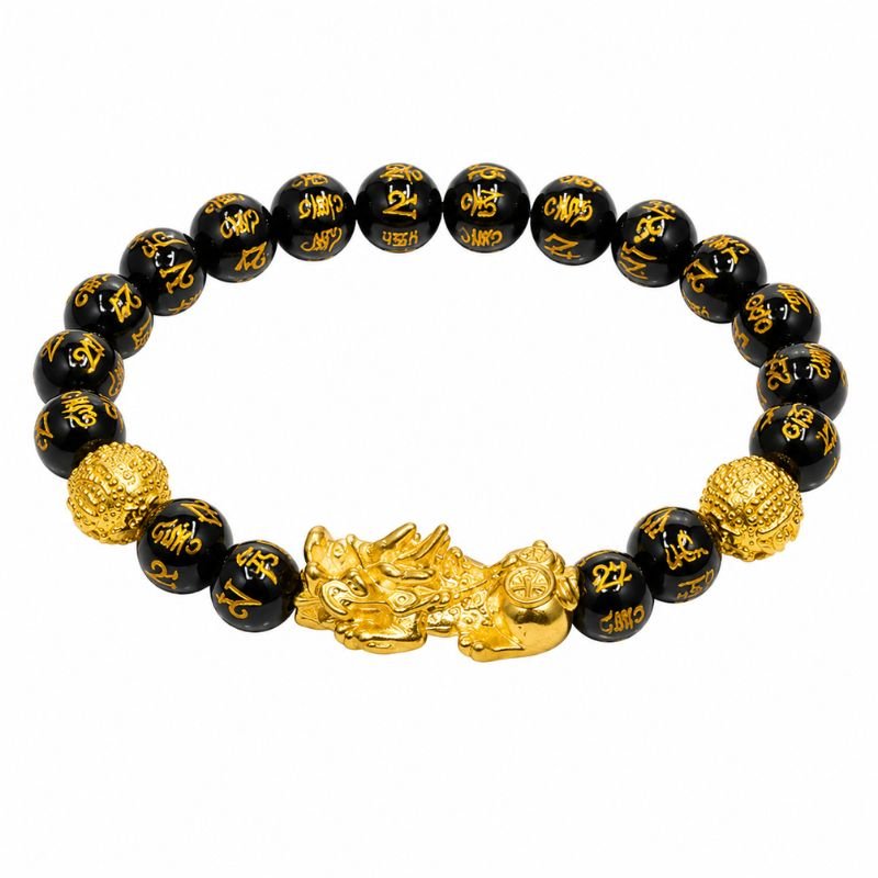 Black Obsidian Pixiu Om Mani Bracelet with engraved mantra beads for protection, prosperity and positive energy