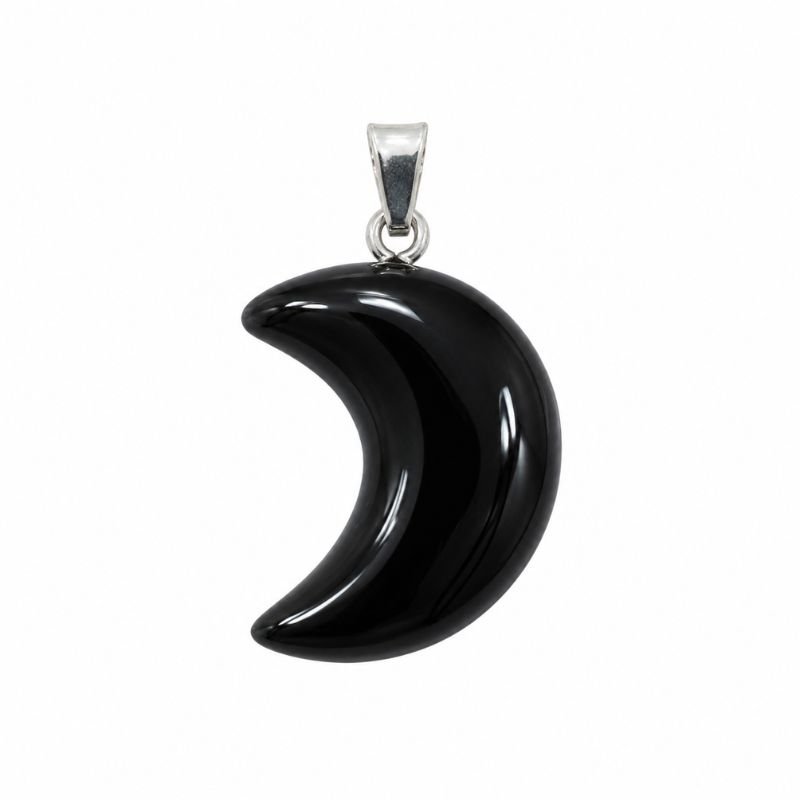 Black Onyx Moon Pendant carved from natural Black Onyx gemstone for protection, strength, grounding and emotional balance.