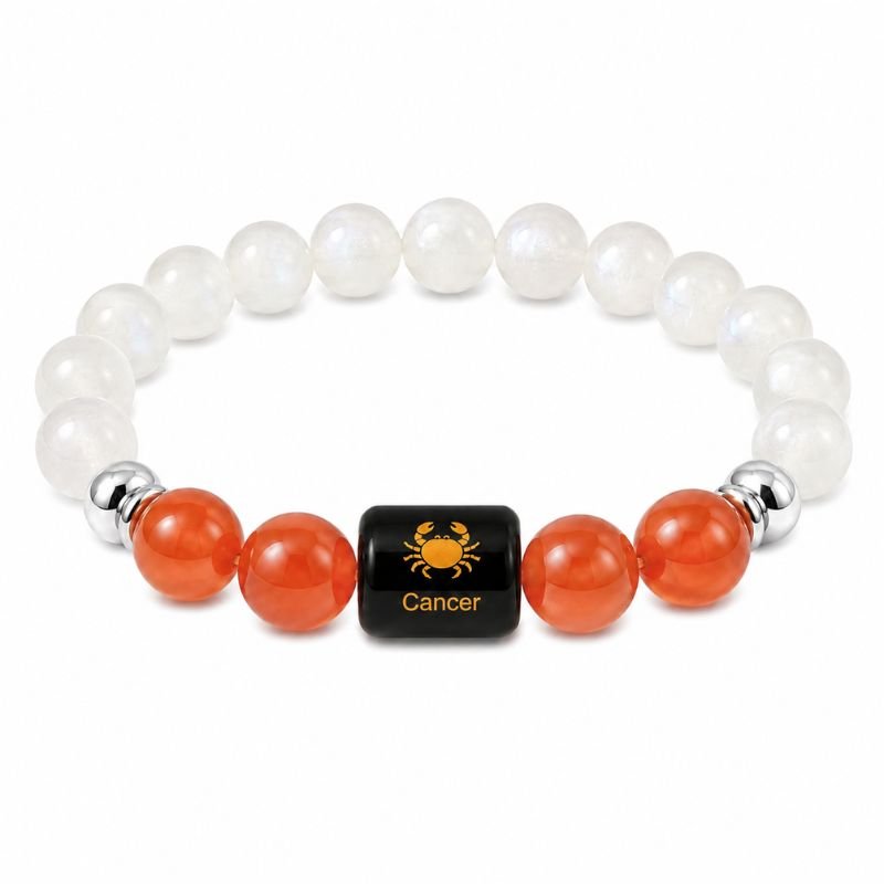 Cancer Zodiac Bracelet featuring natural Moonstone and Carnelian gemstone beads with a Cancer zodiac charm symbolizing intuition, emotional balance, confidence, creativity, nurturing energy, and personal growth.