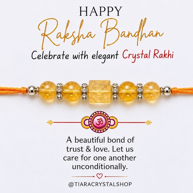 Citrine Pyramid Rakhi featuring natural Citrine gemstone beads and a Citrine pyramid centerpiece accented with crystal spacers on a traditional thread, symbolizing abundance, prosperity, success, positivity, manifestation, and the sacred bond of Raksha Bandhan.