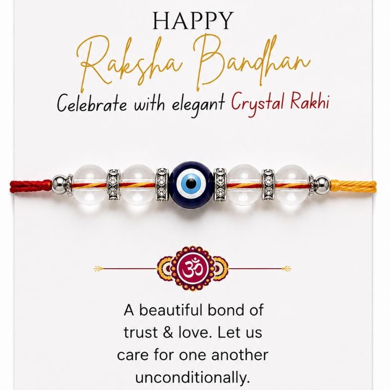 Clear Quartz Evil Eye Rakhi featuring natural Clear Quartz gemstone beads and a blue Evil Eye centerpiece on a traditional thread, symbolizing protection, clarity, positivity, spiritual balance, and the sacred bond of Raksha Bandhan.