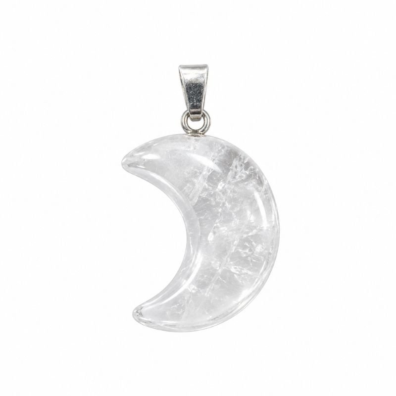 Clear Quartz Moon Pendant carved from natural Clear Quartz crystal for clarity, intuition, manifestation and spiritual growth.