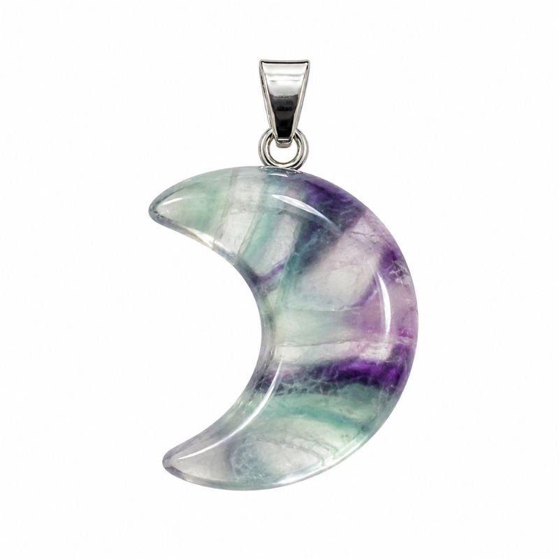 Multi Fluorite Moon Pendant carved from natural Fluorite gemstone with green, purple and clear tones for clarity, focus and emotional balance.