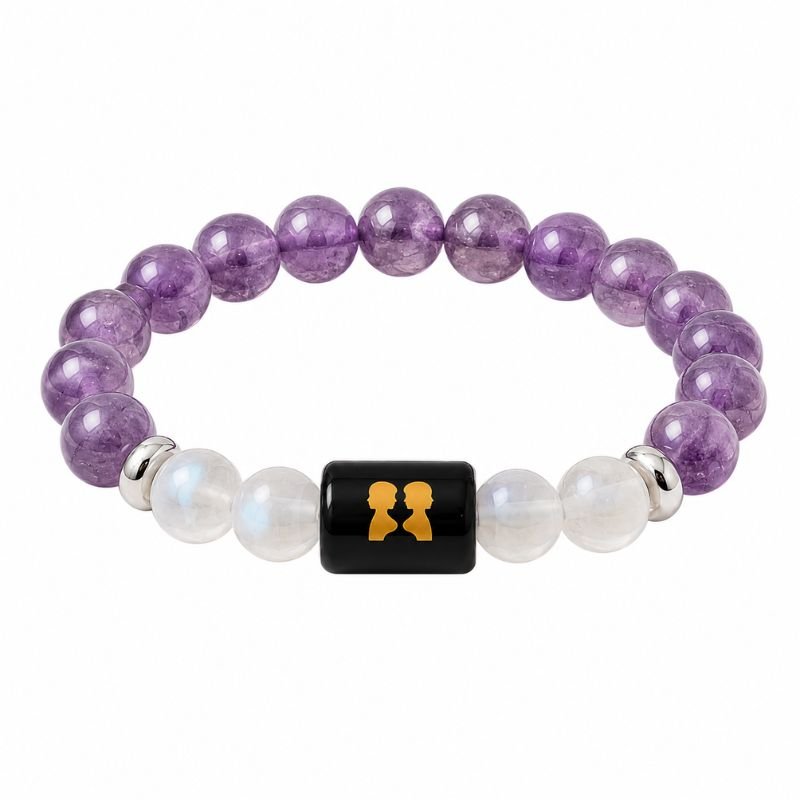 Gemini Zodiac Bracelet featuring natural Amethyst beads, Rainbow Moonstone beads, and a Gemini zodiac charm symbolizing communication, adaptability, intuition, and personal growth.