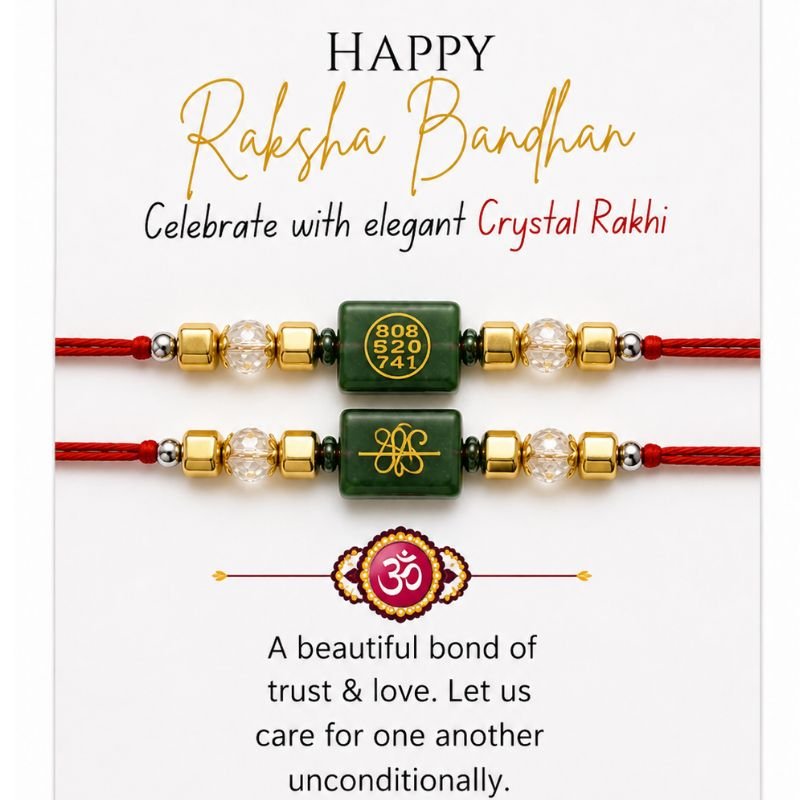 Jade Zibu Rakhi featuring a natural Jade centerpiece engraved with sacred Zibu symbols on both front and back sides, accented with crystal and metallic beads on a traditional red thread, symbolizing prosperity, abundance, harmony, spiritual growth, and the sacred bond of Raksha Bandhan.