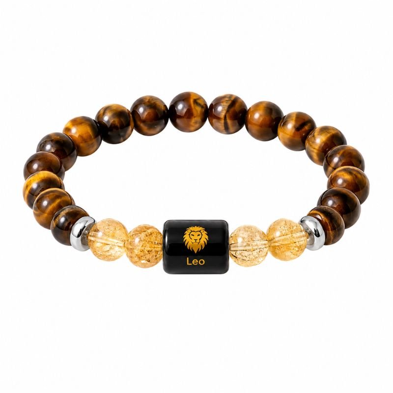 Leo Zodiac Bracelet featuring natural Tiger Eye and Citrine gemstone beads with a Leo zodiac charm symbolizing confidence, leadership, abundance, courage, success, and personal empowerment.