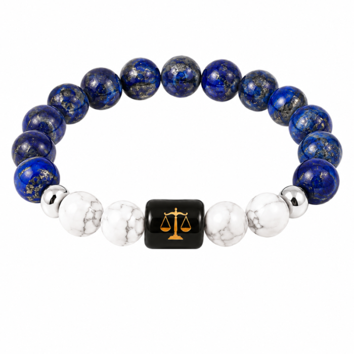 Libra Zodiac Bracelet featuring natural Lapis Lazuli and Howlite gemstone beads with a Libra zodiac charm symbolizing balance, wisdom, harmony, clear communication, emotional stability, and personal growth.