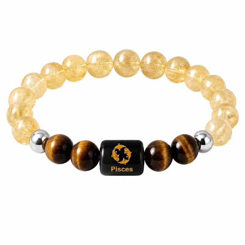 Pisces Zodiac Bracelet featuring natural Citrine and Tiger Eye gemstone beads with a Pisces zodiac charm symbolizing intuition, abundance, confidence, emotional balance, positivity, and personal growth.