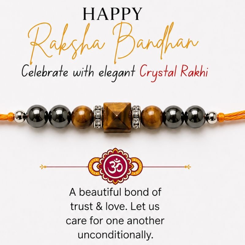 Protection Crystal Rakhi with Tiger Eye Pyramid and Hematite Beads for Proetction, Strength and Grounding