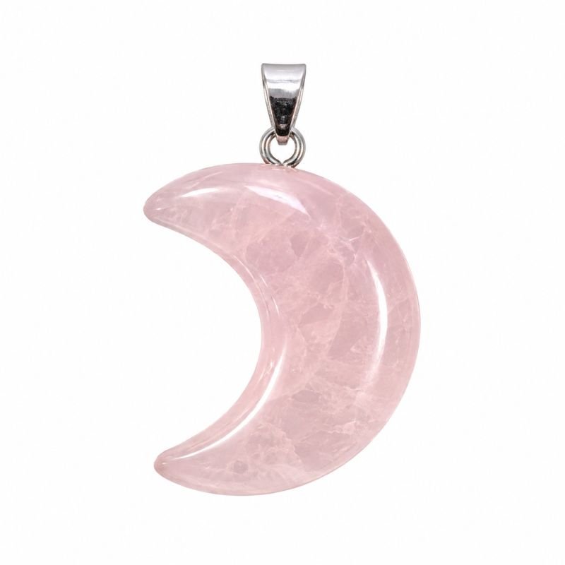 Rose Quartz Moon Pendant carved from natural Rose Quartz gemstone for love, compassion, emotional healing and inner peace.