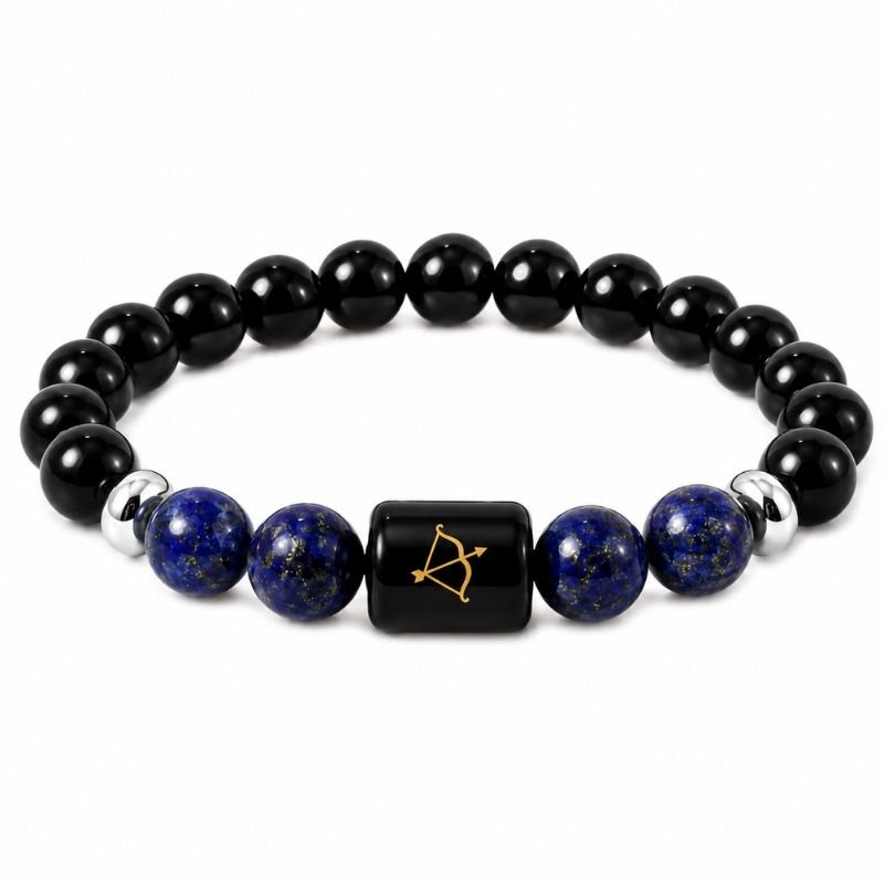 Sagittarius Zodiac Bracelet featuring natural Black Obsidian and Lapis Lazuli gemstone beads with a Sagittarius zodiac charm symbolizing wisdom, protection, truth, confidence, adventure, and personal growth.