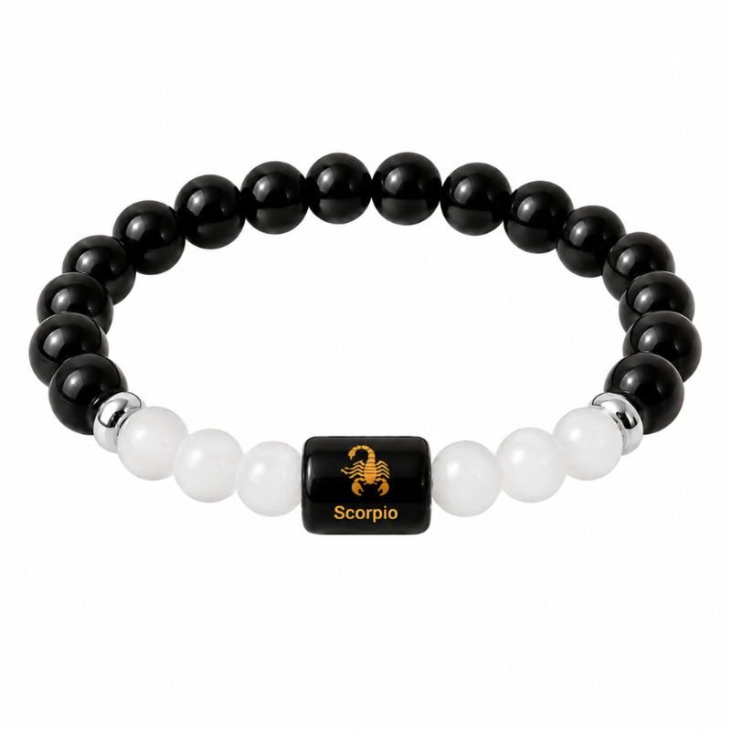 Scorpio Zodiac Bracelet featuring natural Black Obsidian and White Agate gemstone beads with a Scorpio zodiac charm symbolizing protection, strength, transformation, emotional balance, and personal growth.