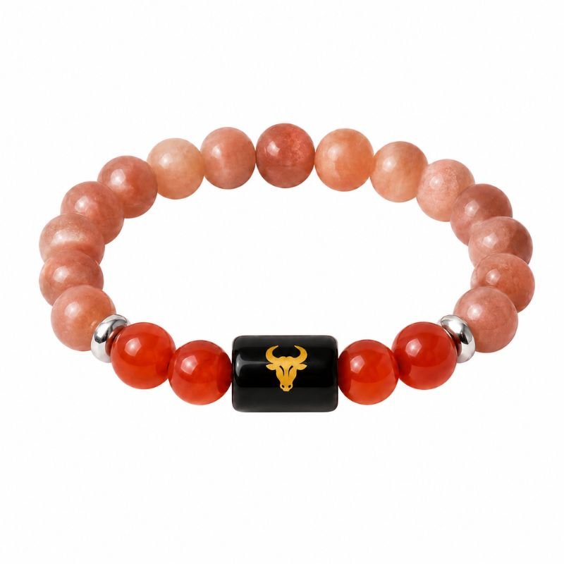 Taurus Zodiac Bracelet featuring natural Sunstone and Carnelian gemstone beads with a Taurus zodiac charm symbolizing confidence, determination, stability, abundance, and personal growth.