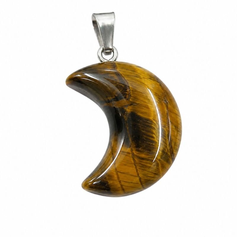 Tiger Eye Moon Pendant carved from natural Tiger Eye gemstone for confidence, courage, focus and personal empowerment.