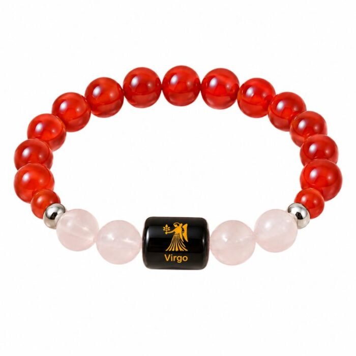 Virgo Zodiac Bracelet featuring natural Carnelian and Rose Quartz gemstone beads with a Virgo zodiac charm symbolizing confidence, self-love, emotional balance, compassion, positivity, and personal growth.