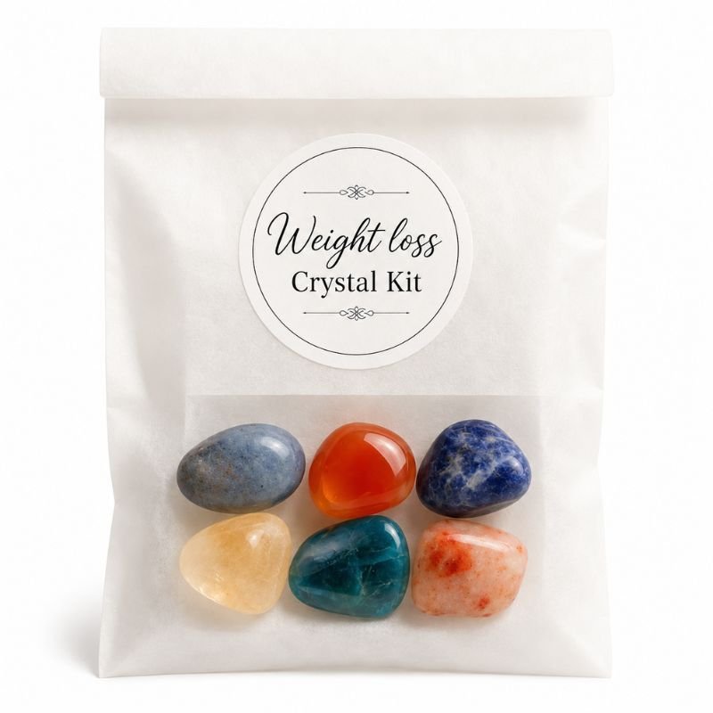 Weight Loss Crystal Kit featuring Iolite, Carnelian, Sodalite, Citrine, Blue Apatite, and Sunstone crystals for motivation, wellness goals, and healthy lifestyle intentions.