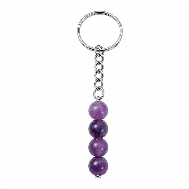 Amethyst Beaded Keychain featuring four polished amethyst gemstone beads attached to a silver-tone keyring