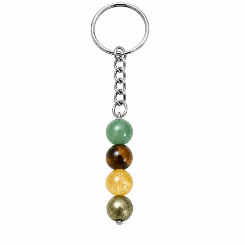 Dhanyog Beaded Keychain with Aventurine, Tiger Eye, Citrine, and Pyrite gemstone beads on a silver-tone keyring