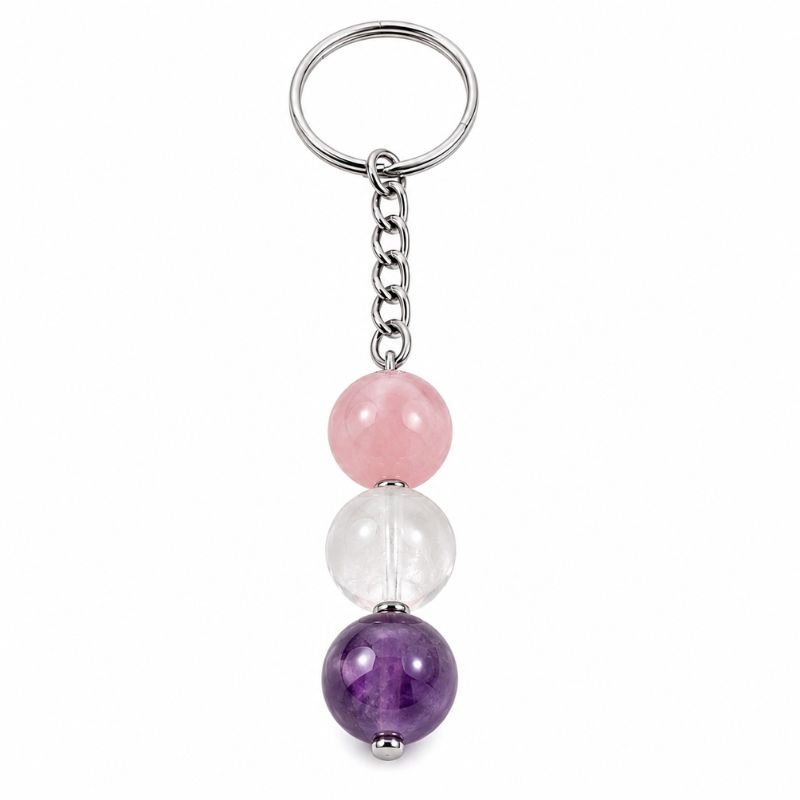 Mind Body Soul Beaded Keychain featuring Rose Quartz, Clear Quartz, and Amethyst gemstone beads on a silver-tone keyring