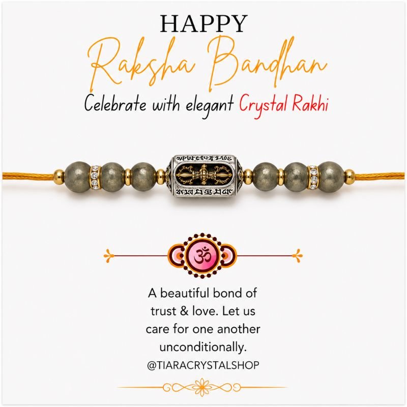 Pyrite Vajra Rakhi with Natural Pyrite Beads and Vajra Charm for protection and prosperity
