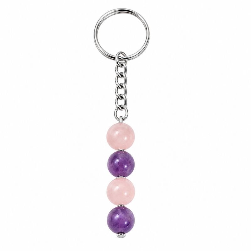 Shiv Shakti Beaded Keychain featuring alternating Rose Quartz and Amethyst gemstone beads on a silver-tone keyring