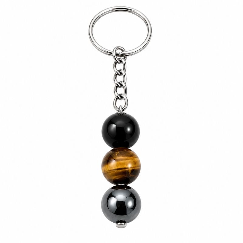 Triple Protection Keychain featuring Hematite, Black Obsidian, and Tiger Eye gemstone beads on a silver-tone keyring