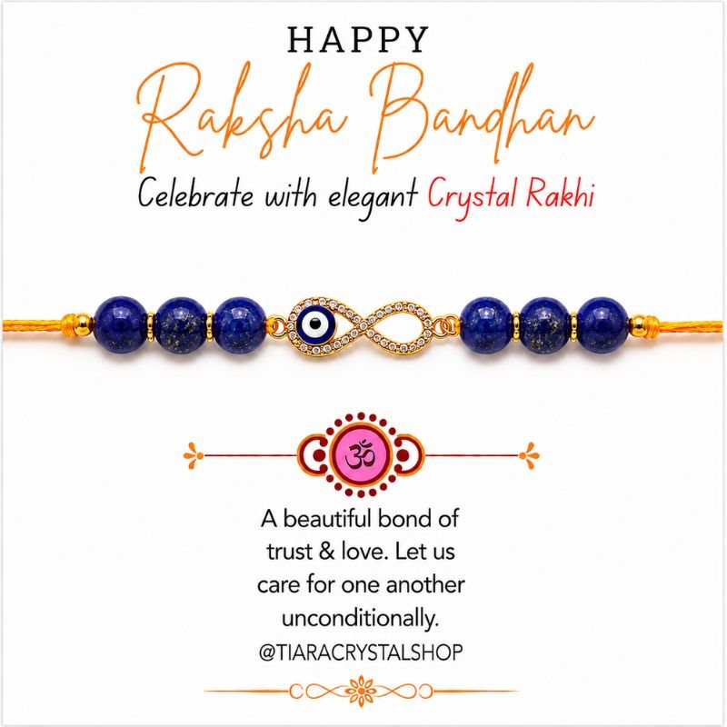 Lapis Lazuli Infinity Rakhi with natural lapis lazuli beads and sparkling infinity evil eye charm on traditional Raksha Bandhan thread.