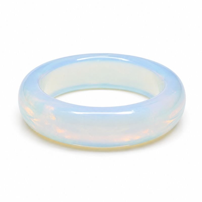 Natural Opalite Band Ring with luminous milky blue iridescent gemstone polished in a smooth crystal band design