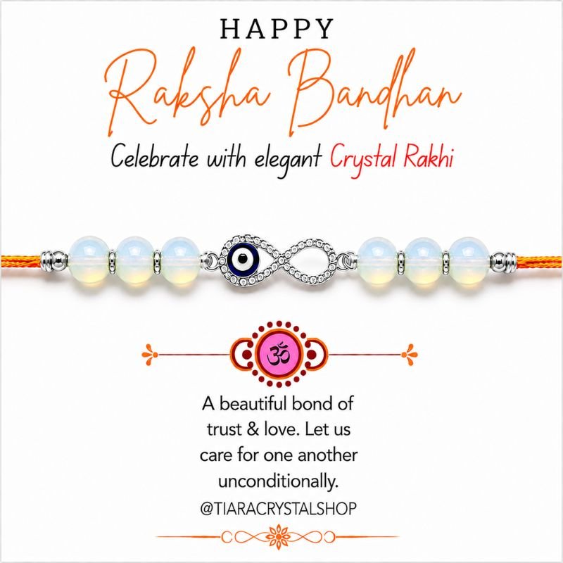 Opalite Infinity Rakhi with glowing opalite beads and sparkling infinity evil eye charm on traditional Raksha Bandhan thread.