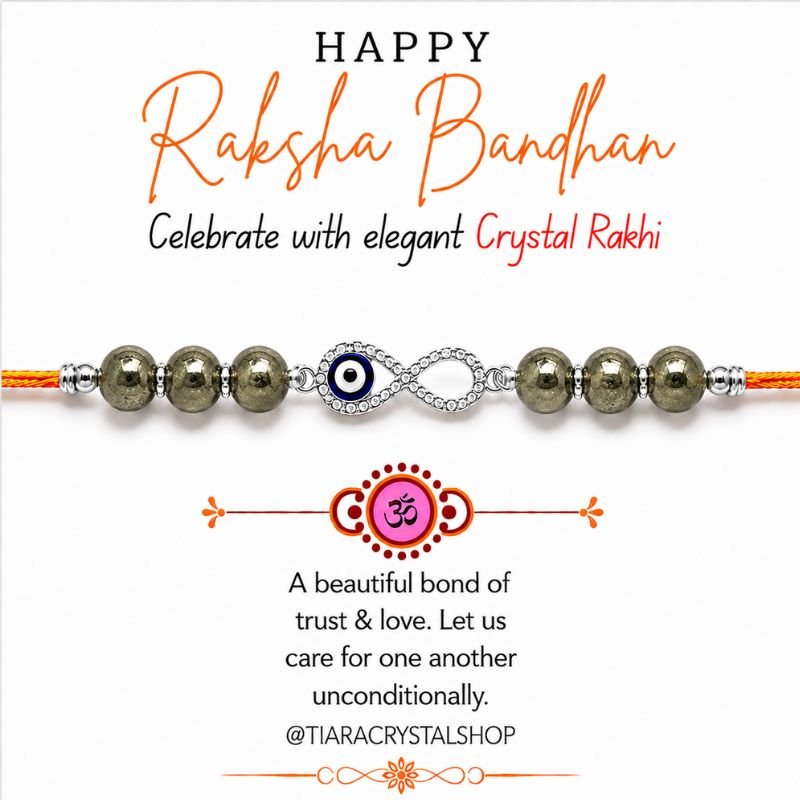 Pyrite Infinity Rakhi with natural pyrite beads and sparkling infinity evil eye charm on traditional Raksha Bandhan thread.