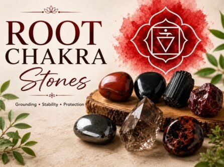 Root Chakra Stones blog cover featuring Red Jasper, Black Obsidian, Black Tourmaline, Hematite, Smoky Quartz, Garnet, and Mahogany Obsidian crystals displayed on a wooden slab with a red Root Chakra symbol and the words Grounding, Stability, and Protection.