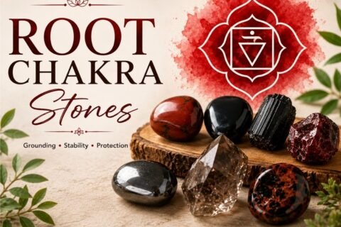 Root Chakra Stones blog cover featuring Red Jasper, Black Obsidian, Black Tourmaline, Hematite, Smoky Quartz, Garnet, and Mahogany Obsidian crystals displayed on a wooden slab with a red Root Chakra symbol and the words Grounding, Stability, and Protection.