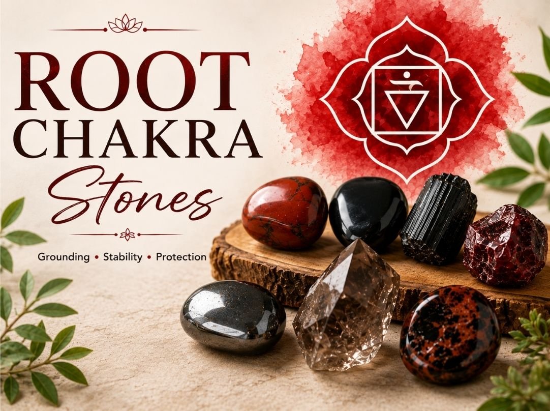 Root Chakra Stones blog cover featuring Red Jasper, Black Obsidian, Black Tourmaline, Hematite, Smoky Quartz, Garnet, and Mahogany Obsidian crystals displayed on a wooden slab with a red Root Chakra symbol and the words Grounding, Stability, and Protection.