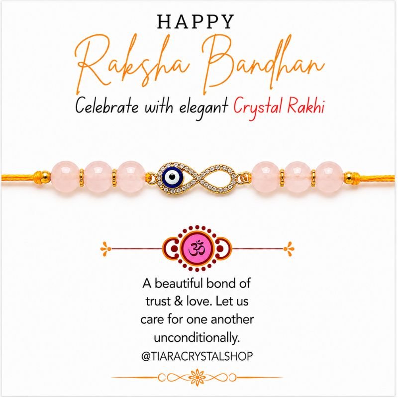 Rose Quartz Infinity Rakhi with natural rose quartz beads and sparkling infinity evil eye charm on traditional Raksha Bandhan thread